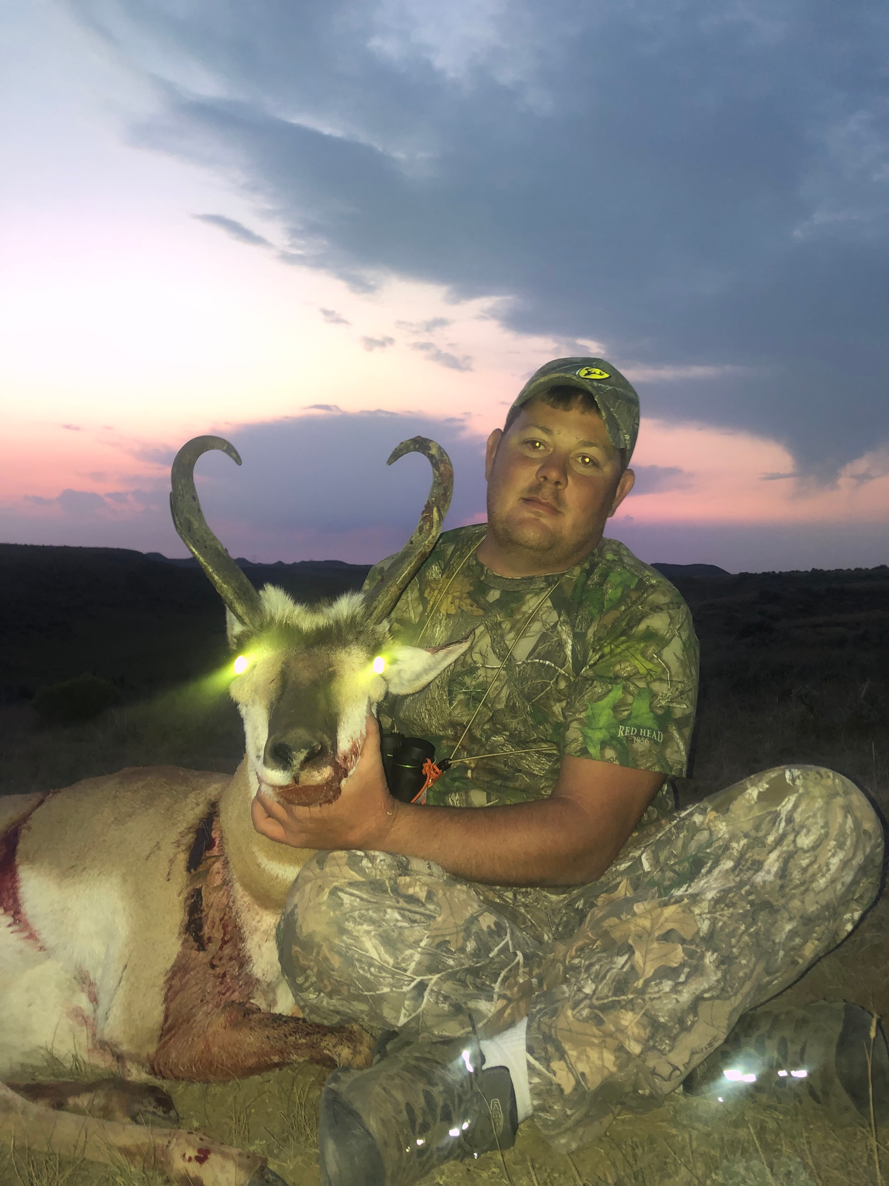 Hunter with antelope at sunset, bow hunt
