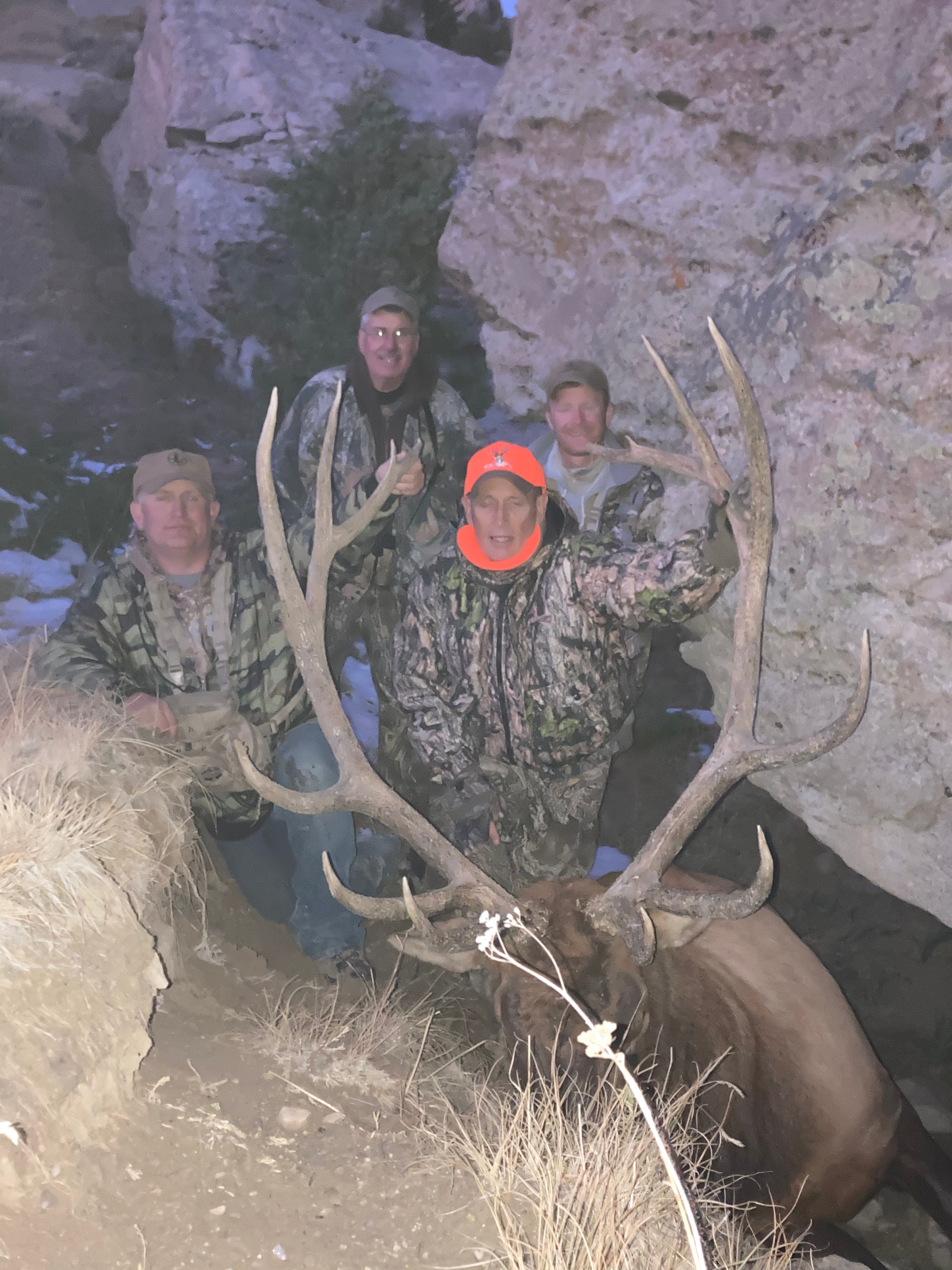 Group of hunters with massive bull elk in rocky canyon at night
