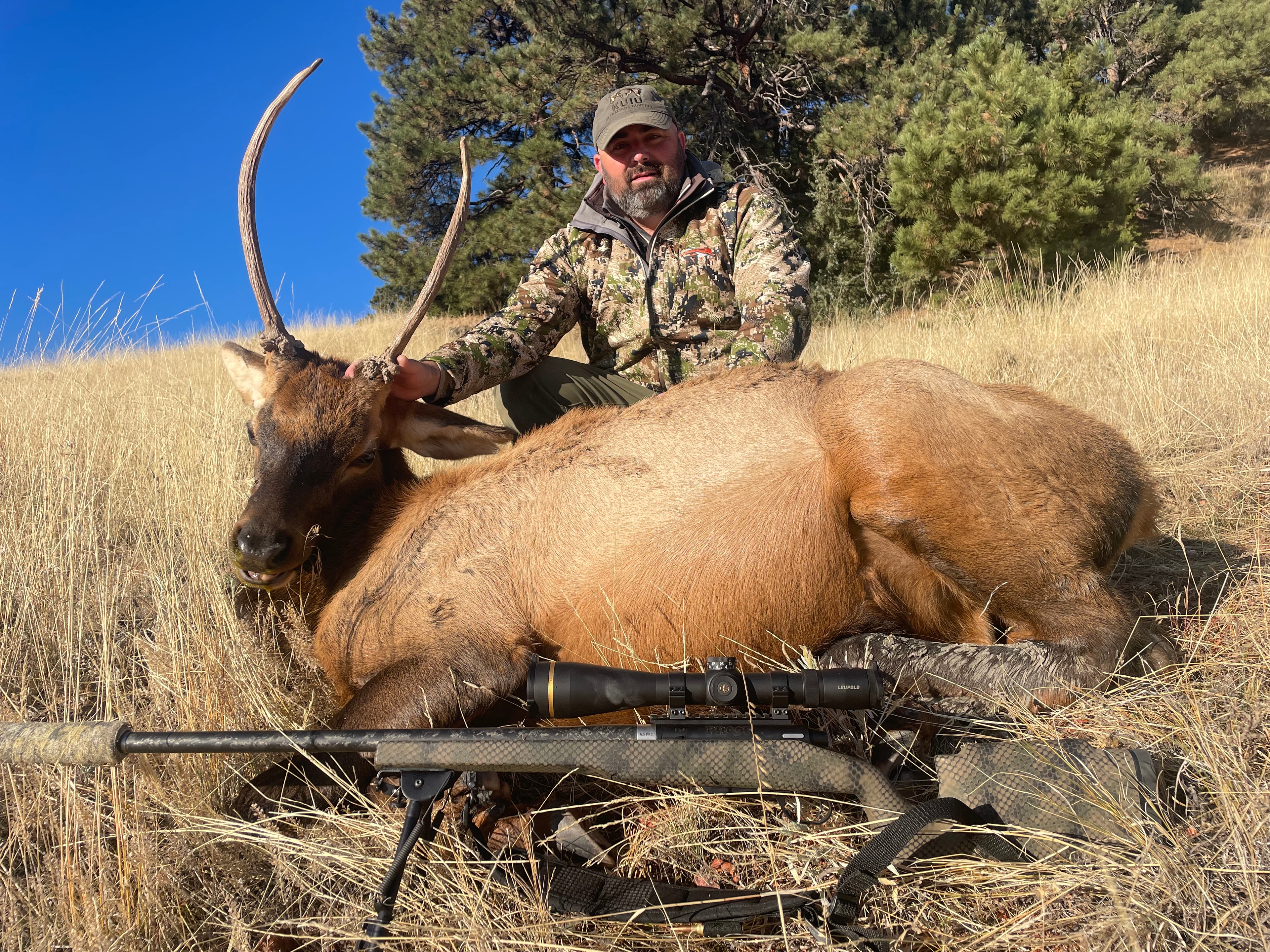 Hunter with harvested spike elk and Leupold scoped rifle in golden grass